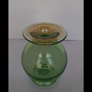 Green Hand Blown Art Glass Vase with Gold Metallic Top Rim  4.75" high